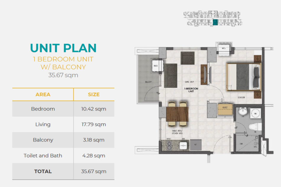 Casa Mira Towers Mandaue 1 bedroom with balcony floor plan, 35.67 sqm