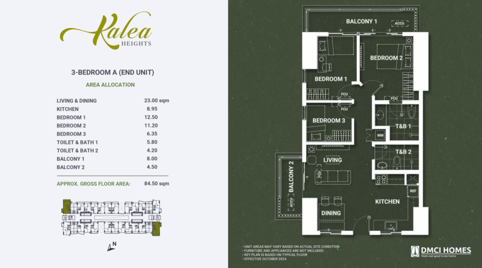 Kalea Heights 3 bedroom unit floor plan, 84.5 sqm